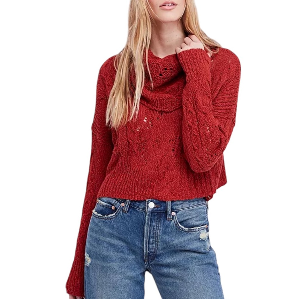 Free People Burgundy Rust Open Knit Cowl Neck Cropped Sweater - S